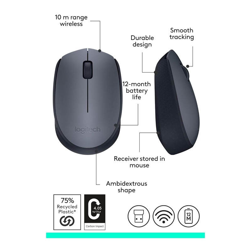 Logitech M170, 2.4 GHz Wireless Connection, 1000 Dpi, Wireless Mouse, Black And Gray-30145