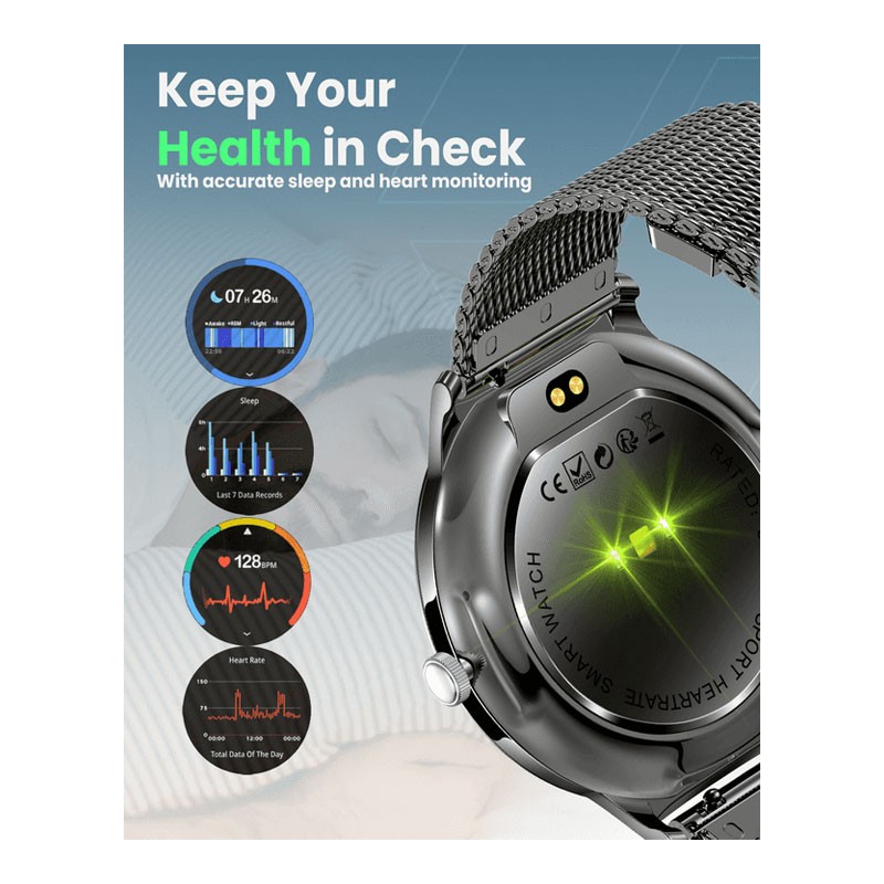 Moxedo Glory, 1.43 Inch Amoled HD Display Fitness Watch Real Time Health Monitoring, 100 Plus Watch Faces, 120 Plus Sports Modes Fitness Activity Tracker, For iOS And Android, Smart Watch For Women, Black, MX-SW012-BK-33006