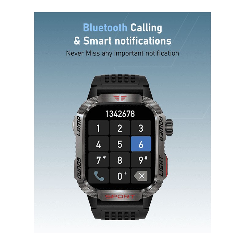 Moxedo Warrior Military Smart Watch With LED Flash Light 2.01 IPS HD Large Display, Bluetooth Calling, 100 Plus Watch Faces With Built In Compass, For Android And iOS, Black, Smart Watch, MX-SW013-BK-34064