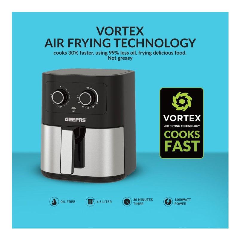 Geepas, 4.5L Pot With Rack, Vortex Air Frying Technology, Multiple Function, 30 Min Timer, Air Fryer, GAF37541-28753