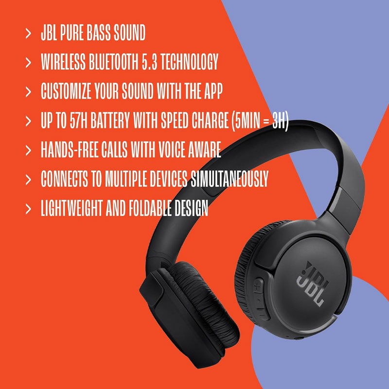 JBL Tune 520BT, Pure Bass Sound And Mic, Upto 57 Hrs Playtime, Customizable Bass With App, Wireless On Ear Bluetooth Headphones-11376