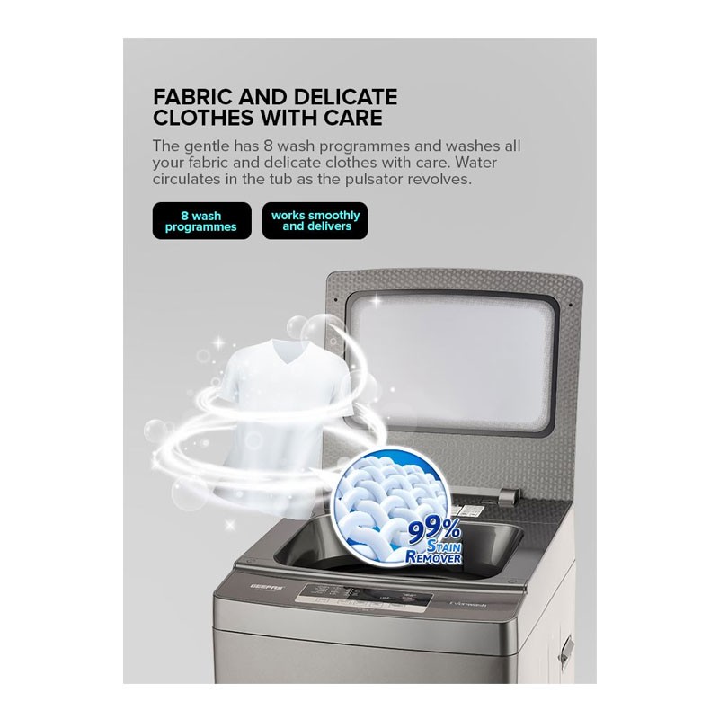 Geepas, Fully Digital Control And Automatic Top Load Washing Machine, 8 Wash Programs With Strong Pulsator, 8KG Fully Automatic Washing Machine, Metallic Grey, GFWM8823SX -30943
