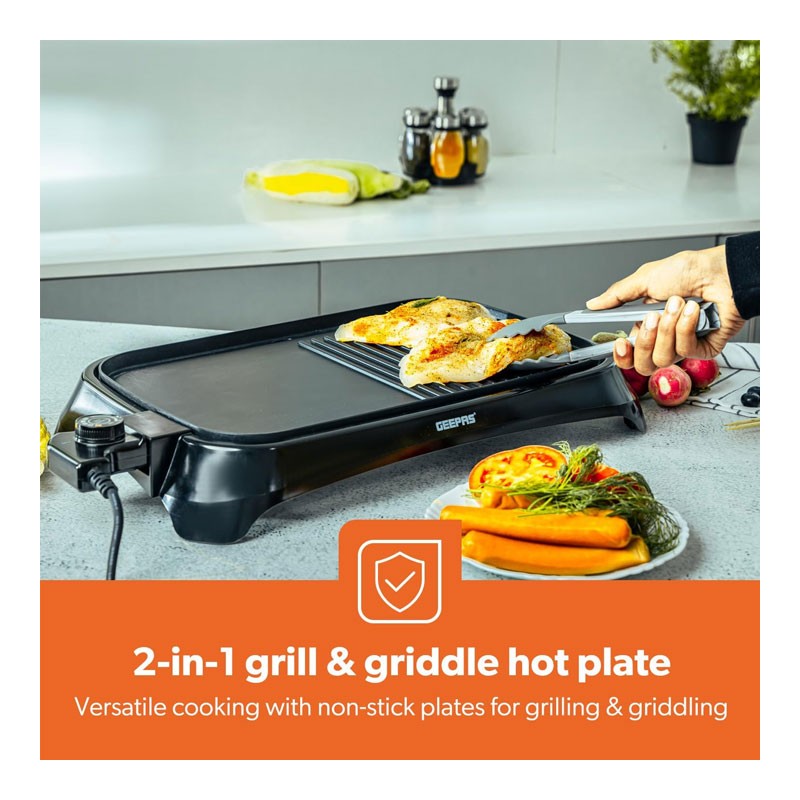 Geepas, Adjustable Thermostat, Non Stick Smokeless Grill Indoor With Glass Lid, Overheat Protection, On Indicator Light, 1600W Electric Barbeque Grill, GBG63040-28790