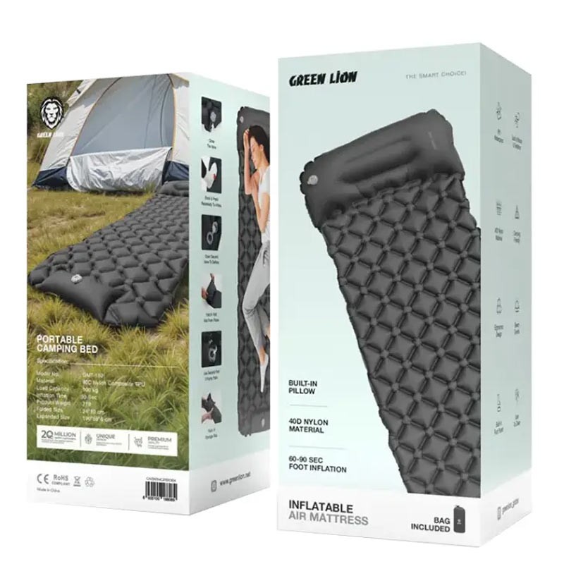 Green Lion Inflatable Air Mattress with 100 kg Load Capacity, Built-in Foot Pump, Ergonomic Design, 90 Seconds Inflation Time, Waterproof, Built-in Pillow, Black-36075