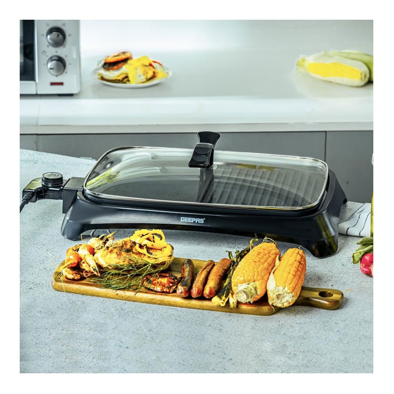 Geepas, Adjustable Thermostat, Non Stick Smokeless Grill Indoor With Glass Lid, Overheat Protection, On Indicator Light, 1600W Electric Barbeque Grill, GBG63040-28789