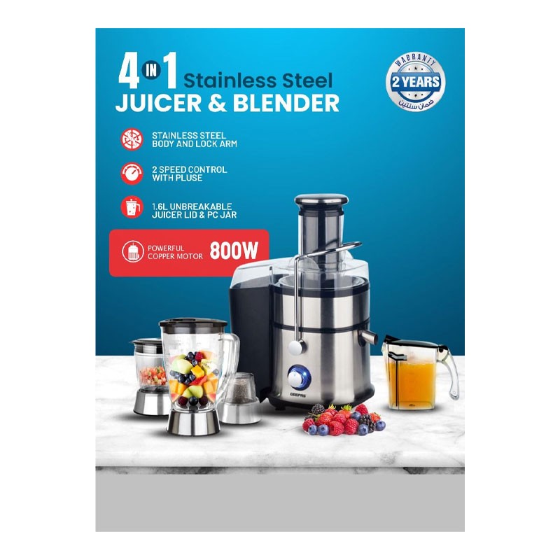 Geepas, Compact Electric Blender, Juicer, Chopper And Grinder, 2 Speed Pulse Function For Ice Crusher, 800W, 4 In 1 Juicer And Blender, GSB5451 -31056