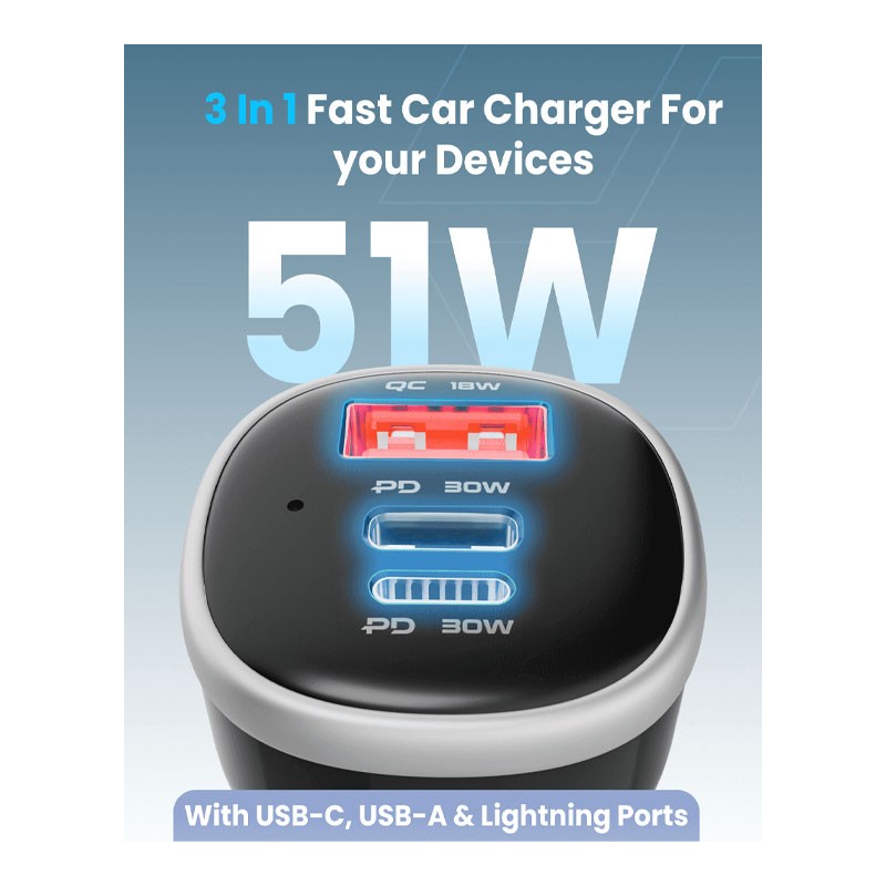Moxedo, PPS Technology PD 3.0 With USB C, USB A And Lightning Ports Compatible With Android And Apple Devices, 51W Ultra Fast Car Charger, MX-CC028-32354