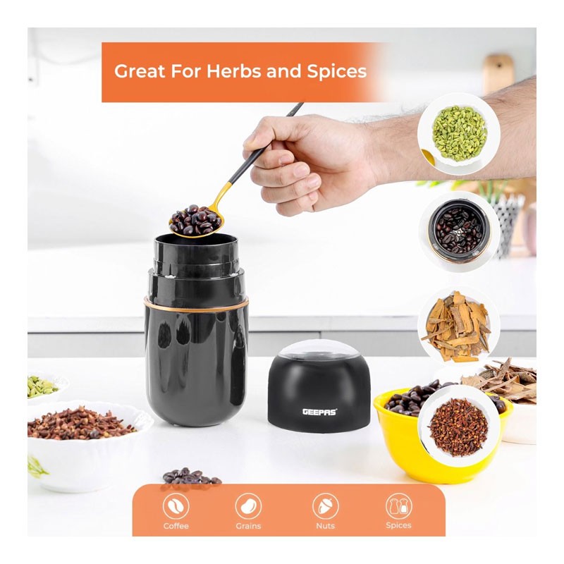 Geepas, 80g Capacity, 200W Powerful Motor, Durable Stainless Steel Jar And Blade, ABS Housing, Ergonomic Grip, Coffee Grinder, GCG41023-29459