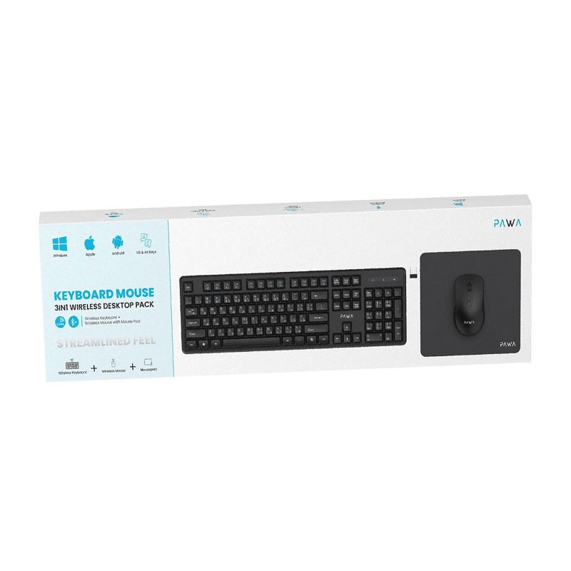 Pawa Keyboard And Mouse, Mouse Pad, 3 In 1 Wireless Desktop Pack, PW-KMP24BTW-BK