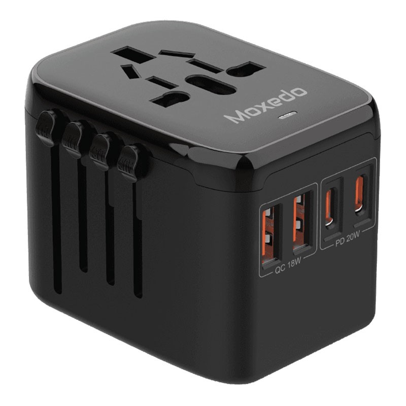 Moxedo, Wall Charger With Ultra Fast 2 USB C, 2 USB A, 1 AC Outlet, PD 3.0 For UK EU US AU All Countries, 20W Universal Travel Adapter AC Outlet, Black, OL-212PQ