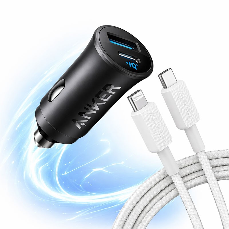 Anker Car Charger Combo USB C to Lightning Cable Braided White with 30W Car Charger