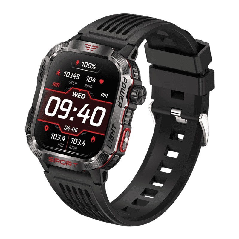 Moxedo Warrior Military Smart Watch With LED Flash Light 2.01 IPS HD Large Display, Bluetooth Calling, 100 Plus Watch Faces With Built In Compass, For Android And iOS, Black, Smart Watch, MX-SW013-BK
