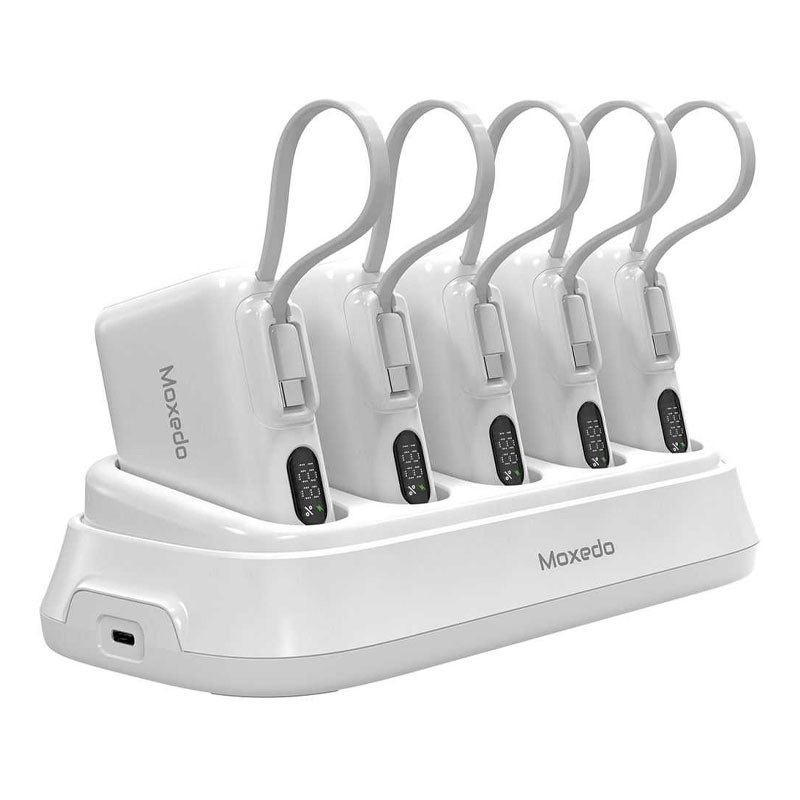 Moxedo Combo 5x 10,000 mAh Power Bank With Charging Dock 20W Power Delivery USB C Fast Charging With Built In Type C Cable, White, MX-PBH037-DS