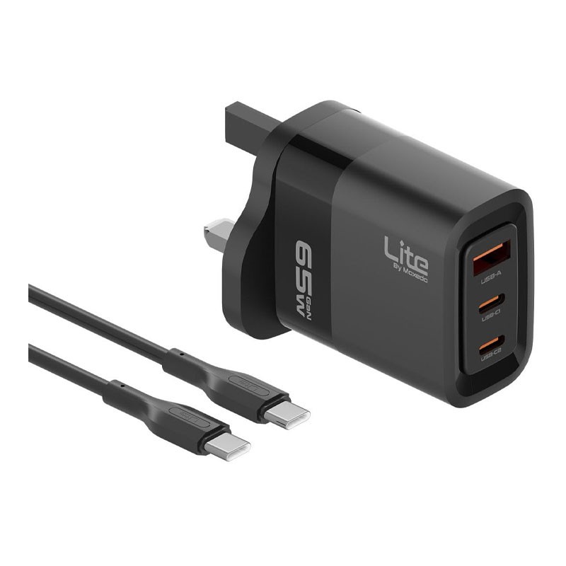 Moxedo Lite 65W GaN Charger Dual USB C Port And 1 USB A Port Fast Charging PD 3.0 With USB C To USB C 1.2 Meter Cable