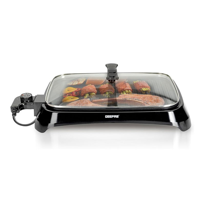 Geepas, Adjustable Thermostat, Non Stick Smokeless Grill Indoor With Glass Lid, Overheat Protection, On Indicator Light, 1600W Electric Barbeque Grill, GBG63040