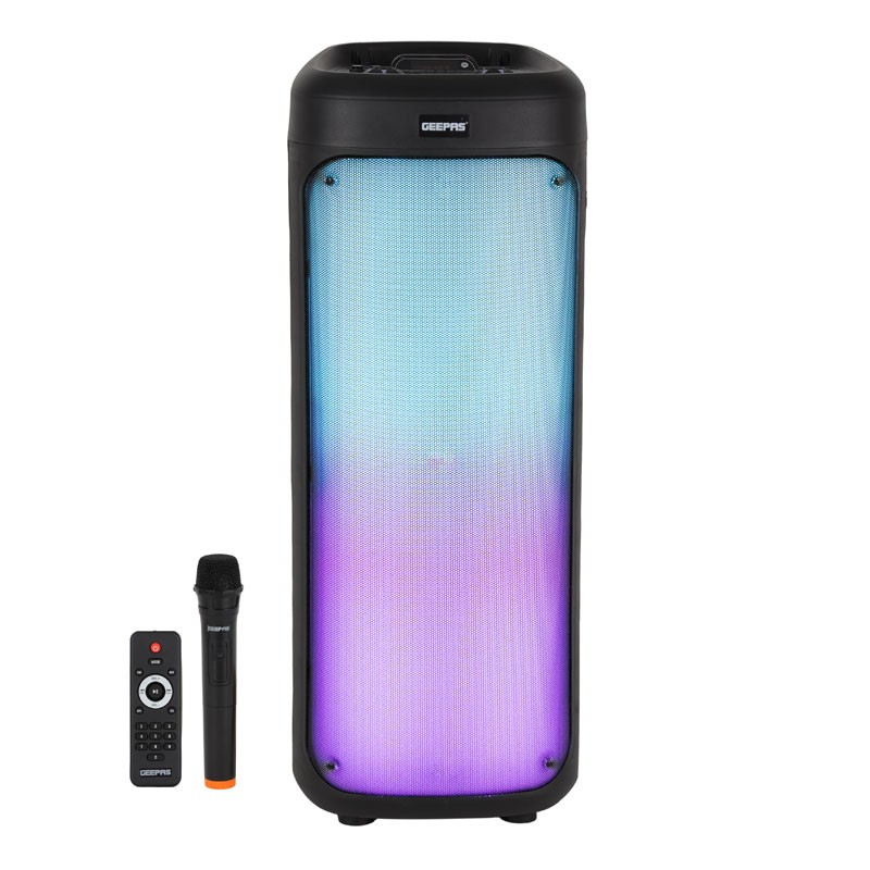 Geepas, RGB Light, USB Input, TF, TWS, FM Radio, VHF Microphone, Bluetooth, 30000W PMPO Speakers Unit, Rechargeable Portable Speaker With Remote Control, GMS11194