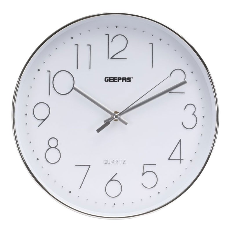 Geepas, Silent Non Ticking, Arabic Numeral Clock, Round Decorative Wall Clock, 3D Silver Dial Wall Clock, GWC26011