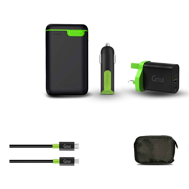Goui, Kigo 10000mAh Power Bank, Mini 20w Fast Charging Wall Charger, Viper Car Charger, Classic Type C To Micro USB Cable, Soft Bag, 5 In 1 Bundle