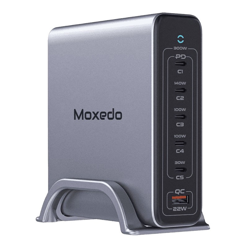 Moxedo Volton 2 PD GaN 300W PD 3.1 PPS 5 USB C And 1 USB A Port With 1.2 Meter Power Cord And Detachable Metal Base, Desktop Charger, MX-CS042